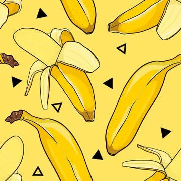 Seamless banana pattern on yellow background with triangles. Illustrazione stock