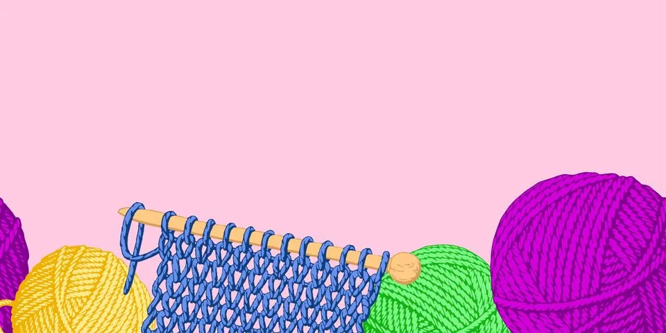 Seamless banner with yarn and knitting on a pink background. Stock Illustration