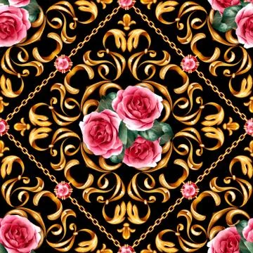 Seamless baroque pattern with and roses Stock Illustration