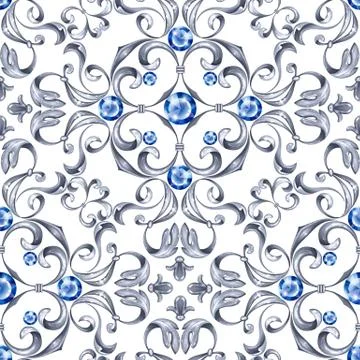 Seamless baroque pattern with decorative silver leaves Stock Illustration