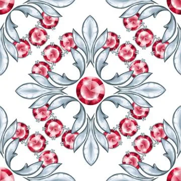 Seamless baroque pattern with gems and silver scrolls 스톡 일러스트