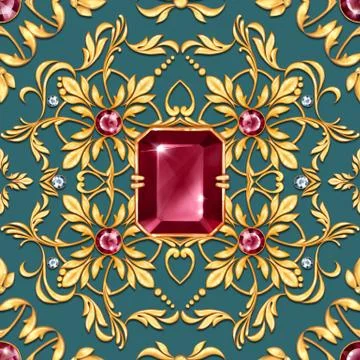 Seamless baroque pattern with gems Stock Illustration