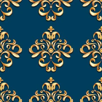 Seamless baroque pattern with golden scrolls on dark blue 스톡 일러스트