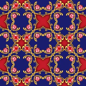 Seamless baroque pattern with jewelry. Red gems Stock Illustration