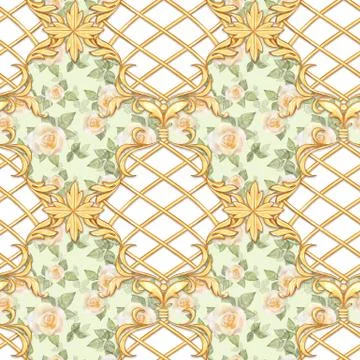 Seamless baroque pattern with roses and golden scrolls Illustrazione stock
