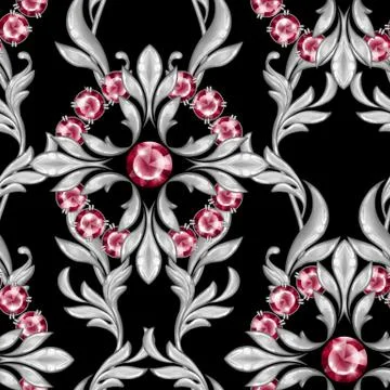 Seamless baroque pattern with ruby gems 4 Stock Illustration