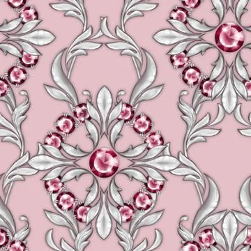 Seamless baroque pattern with ruby gems Illustrazione stock