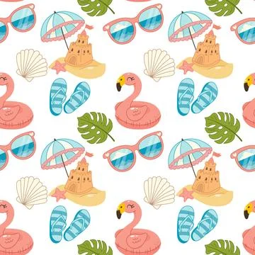 Seamless beach items pattern with umbrella, float, and shells Illustrazione stock