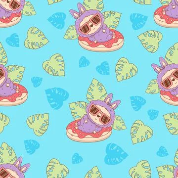 Seamless Beach  pattern. Cute Monster Toy In sunglasses swim on inflatable .. 스톡 일러스트
