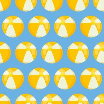 Seamless beach pattern. Summer yellow beach ball on blue background. Vector.. Stock Illustration