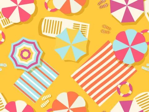 Seamless beach pattern, top view. Chaise lounge with beach umbrella and towel Stock Illustration