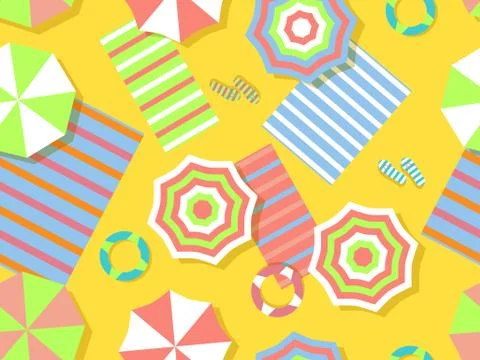 Seamless beach pattern, top view. Beach umbrella and towel on the sand. Flat  Stock Illustration