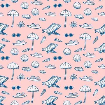 Seamless beach pattern with umbrellas, sunglasses, and shells on pink backg.. Stock Illustration