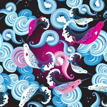 Seamless beautiful bright marine pattern with narwhals. Stock Illustration