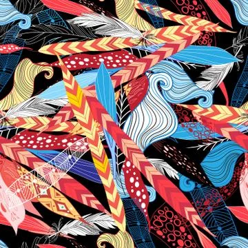 Seamless beautiful pattern of leaves and feathers 스톡 일러스트
