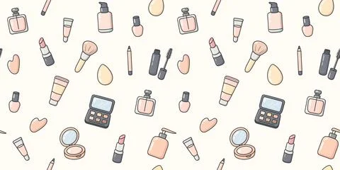 Seamless beauty cosmetics pattern with hand drawn makeup icons Stock Illustration