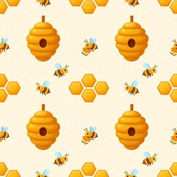 Seamless bee and honeycomb pattern with hanging hives on pale hex background イラスト素材