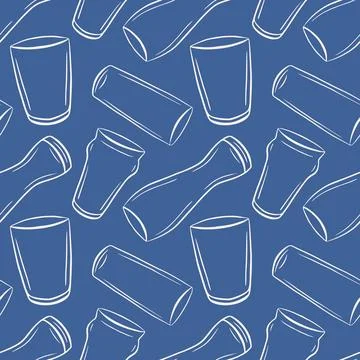 Seamless beer glass pattern in white line art on blue background, beverage and Stock Illustration
