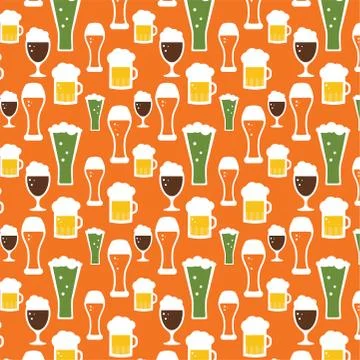 Seamless beer pattern. Beer mugs and glasses on an orange background. st patr Stock Illustration