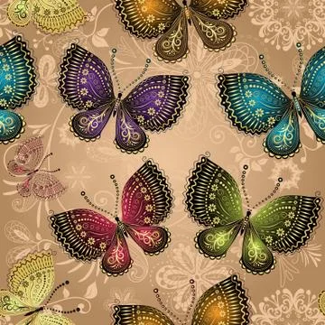 Seamless beige pattern with bright colorful butterflies Stock Illustration