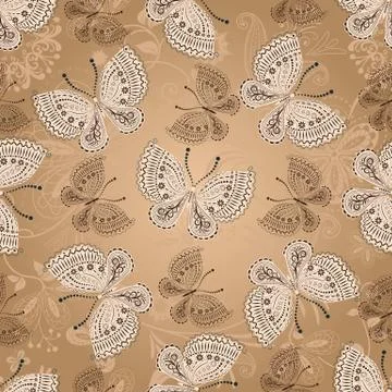 Seamless beige pattern with butterflies Stock Illustration