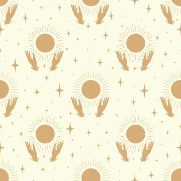Seamless beige pattern with hands holding sun. Vector tribal illustration. Ae Stock Illustration