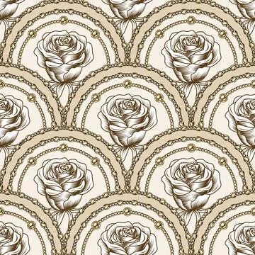 Seamless beige pattern with squama shaped grid, gold chains, outine roses. Stock Illustration