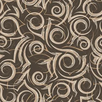 Seamless beige vector pattern of flowing lines and spirals on a brown background Illustration