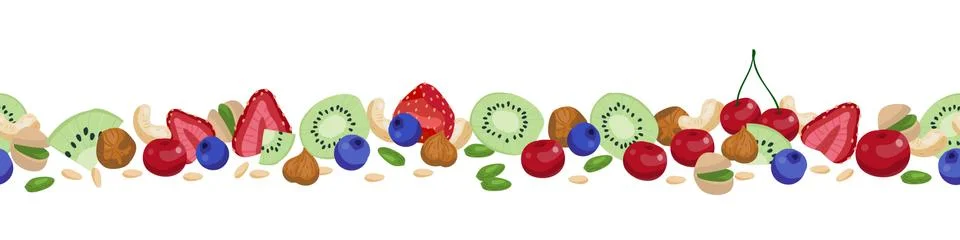 Seamless berry border. Vector horizontal border with berries and nuts Stock Illustration