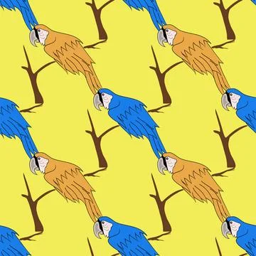 Seamless Bird Pattern Big Orange and Blue Parrot Isolated on Yelllow Backg... Stock Photos