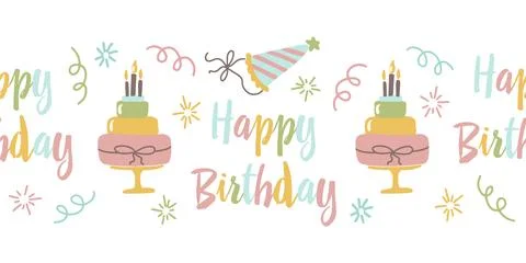 Seamless birthday border pattern, cake, party decoration Stock Illustration