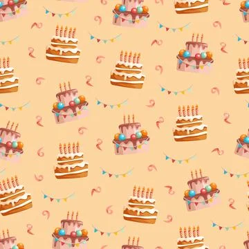 Seamless Birthday Cake Pattern with Candles and Party Bunting. Colorful fes.. イラスト素材