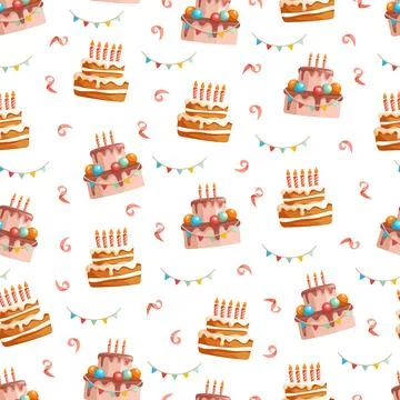 Seamless Birthday Cake Pattern with Candles and Party Bunting. Colorful fes.. イラスト素材