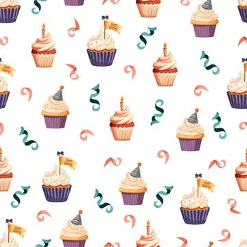 Seamless Birthday Cupcake Pattern with Party Hats and Candles. Colorful fes.. Illustrazione stock