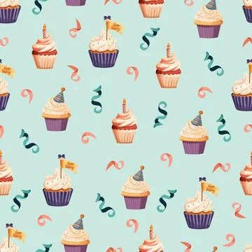 Seamless Birthday Cupcake Pattern with Party Hats and Candles. Colorful fes.. Illustrazione stock