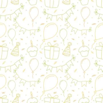 Seamless birthday party pattern with cute hand-drawn outline festive elements Иллюстрация