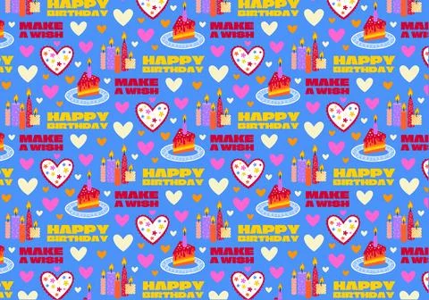 Seamless birthday pattern with candles, cake, hearts and inscriptions. Stock Illustration