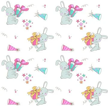 Seamless Birthday Pattern with Cute Bunnies Holding Gift Boxes Stock Illustration