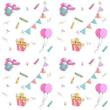 Seamless Birthday Pattern with Gift Boxes, Balloons, and Party Bunting Stock Illustration