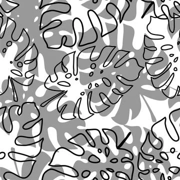 Seamless black and gray pattern of tropical leaves contours, texture, backg.. Illustration