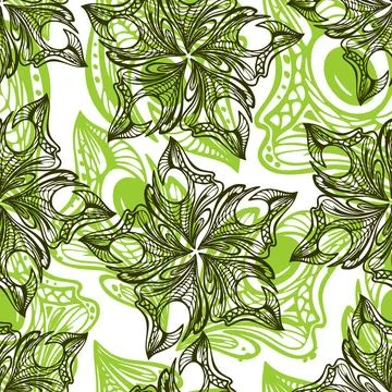 Seamless black and green pattern of abstract decorative elements on white Stock Illustration