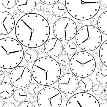Seamless black-and-white clock pattern for background. Vector Illustrazione stock