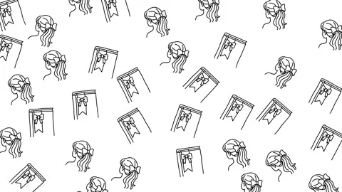 Seamless black and white line art pattern of girl with hair bow and book ribbons Stock Footage 345539145