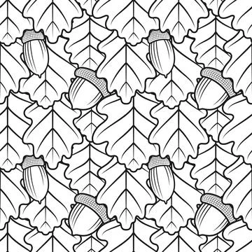 Seamless black and white pattern with oak leaves and acorns. Stock Illustration