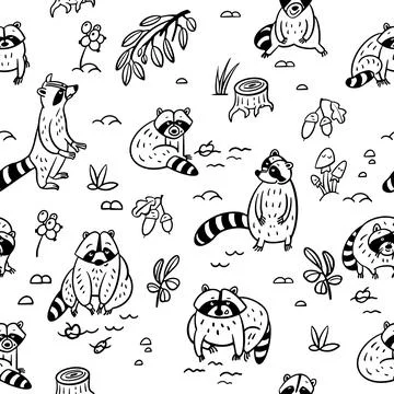 Seamless black and white pattern. Cute raccoons in forest. Vector illustration Illustrazione stock