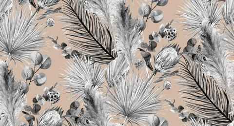 Seamless black and white pattern with tropical dried flowers and pampas grass on Illustrazione stock
