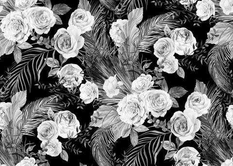 Seamless black and white pattern with a Bouquet of roses and tropical dried Illustrazione stock