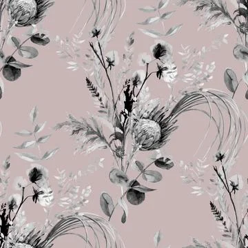 Seamless black and white pattern with tropical dry flowers in boho style painted 스톡 일러스트