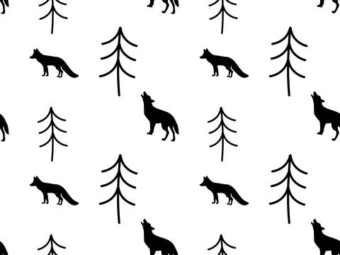Seamless black and white pattern, fox and wolf in the forest イラスト素材