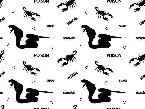 Seamless black and white pattern with venomous snake, cobra, scorpion and w.. 스톡 일러스트
